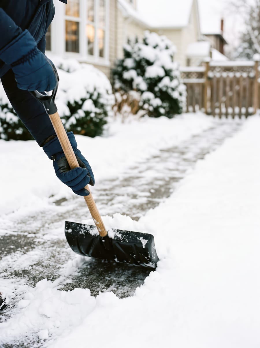 A crew member shoveling a snow-covered walkway in front of a home.